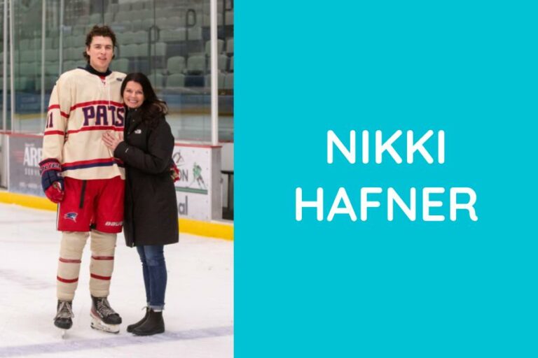 Nikki hugging her son, who is in ice hockey uniform on an ice hockey rink